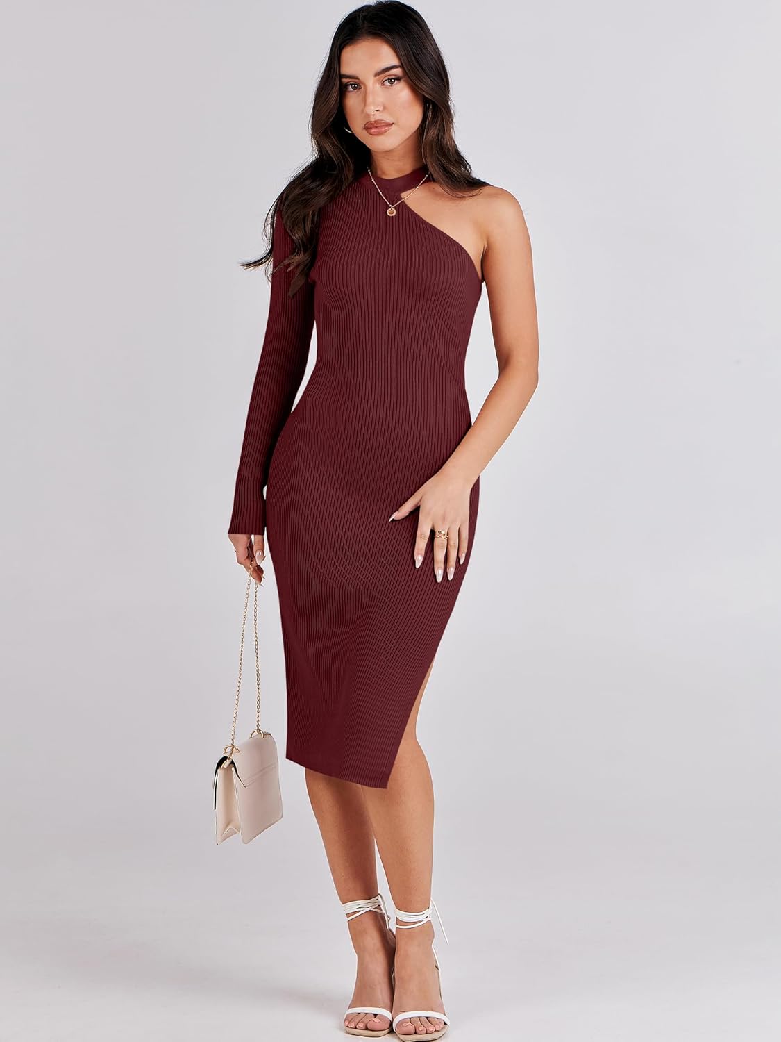 Women Fall Sweater Dress Sexy One Shoulder Long Sleeve Ribbed Knit Side Slit Bodycon Midi Dresses