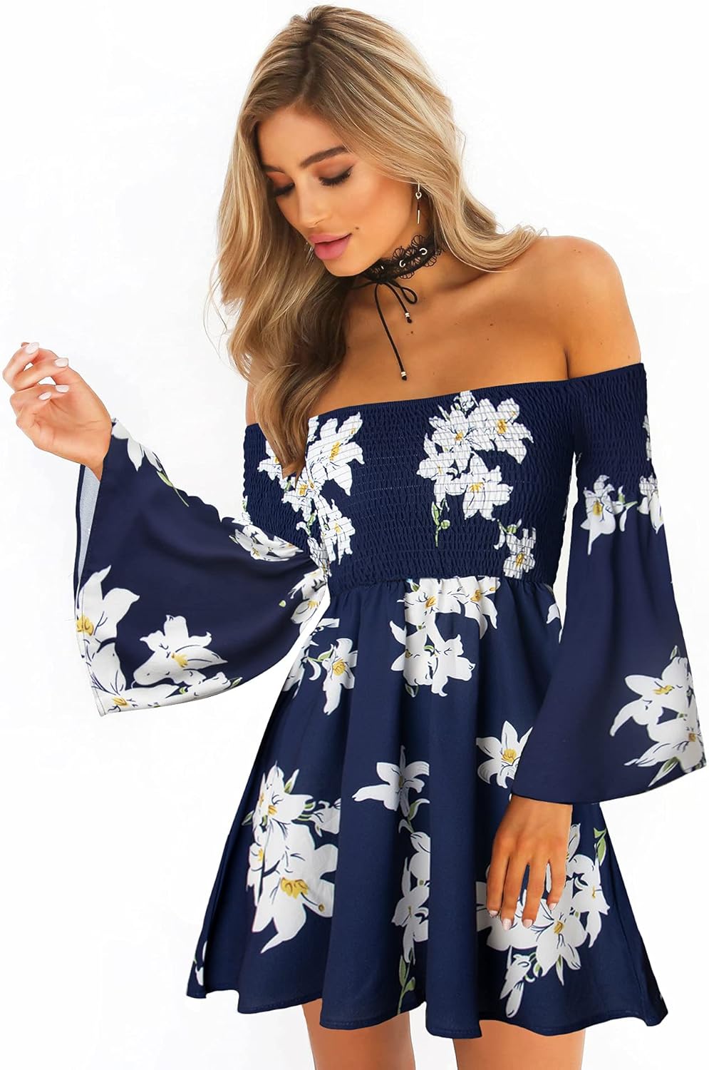 Women's Dress Summer Floral Long Sleeve Off Shoulder Casual Mini Dresses