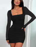 Women's Sexy Ruched Bodycon Mini Dress Mesh Long Sleeve Club Party Short Dresses
