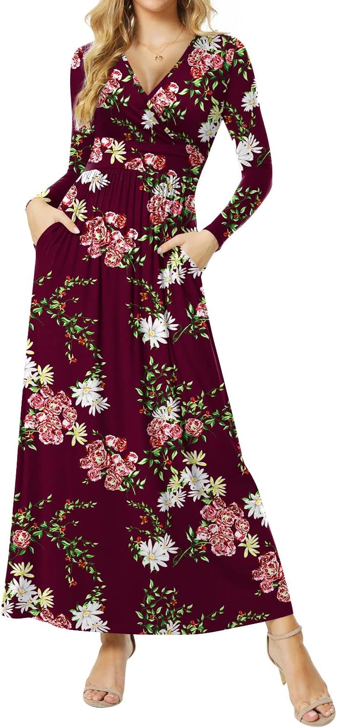 Women's Dresses Deep V-Neck Long Sleeve Empire Waist Long Dress Casual with Pockets