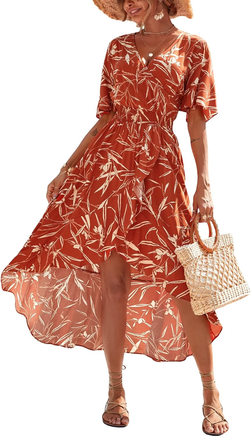 Womens Short Sleeve Floral High Low V-Neck Flowy Party Long Maxi Dress