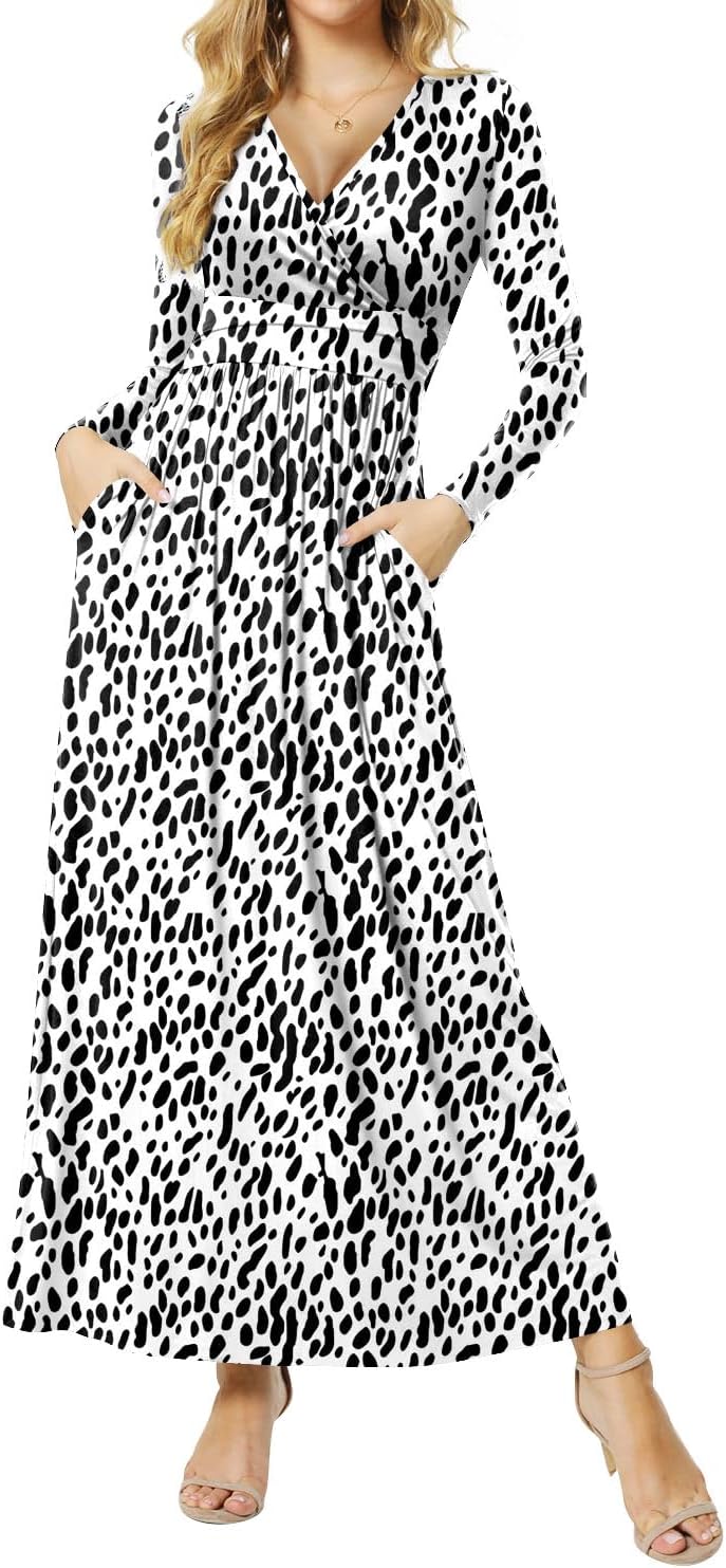 Women's Dresses Deep V-Neck Long Sleeve Empire Waist Long Dress Casual with Pockets