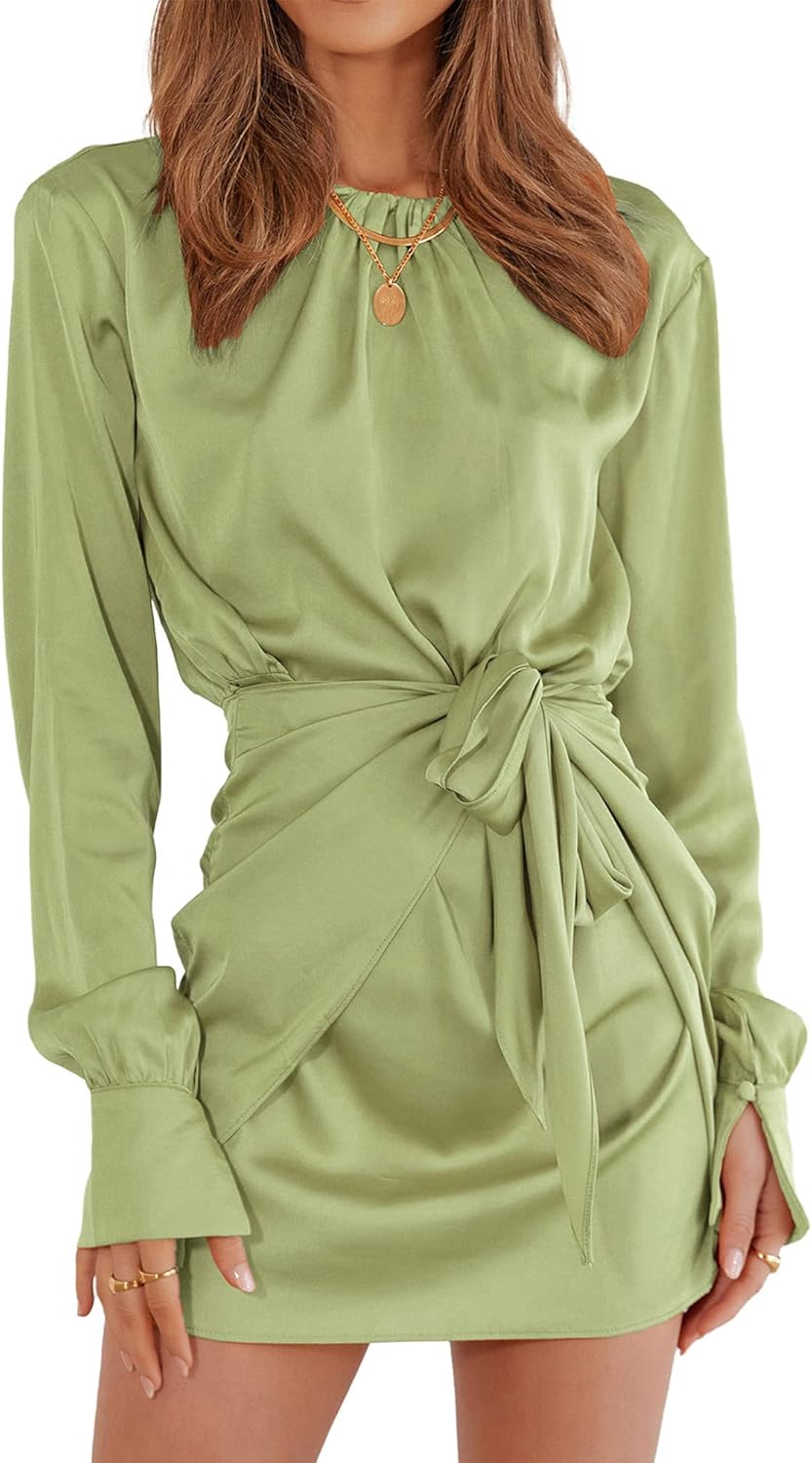 Women Casual Long Sleeve Ruched Wrap Dress Crew Neck Tie Waist Short Dresses Solid Party Dresses Satin Cocktail Dress