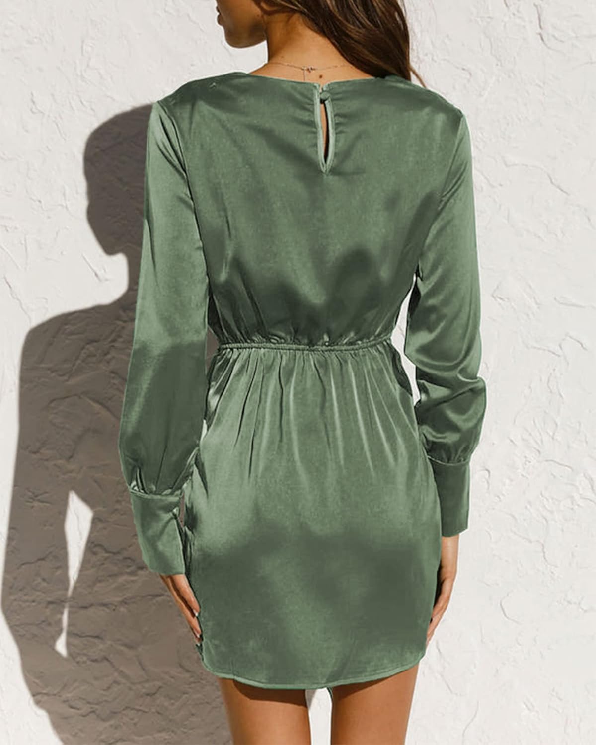 Women Casual Long Sleeve Ruched Wrap Dress Crew Neck Tie Waist Short Dresses Solid Party Dresses Satin Cocktail Dress