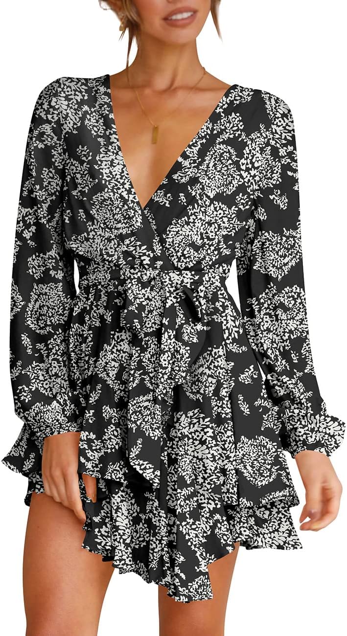 Women's Dress Deep V-Neck Long Sleeve Waist Tie Ruffle Mini Swing Skater Dresses