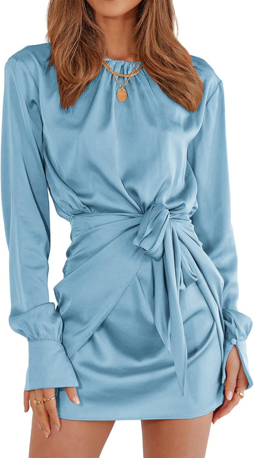 Women Casual Long Sleeve Ruched Wrap Dress Crew Neck Tie Waist Short Dresses Solid Party Dresses Satin Cocktail Dress