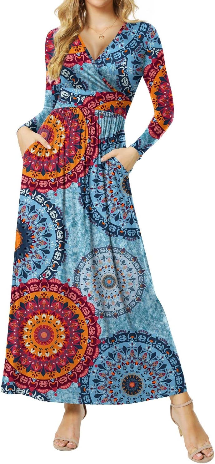 Women's Dresses Deep V-Neck Long Sleeve Empire Waist Long Dress Casual with Pockets