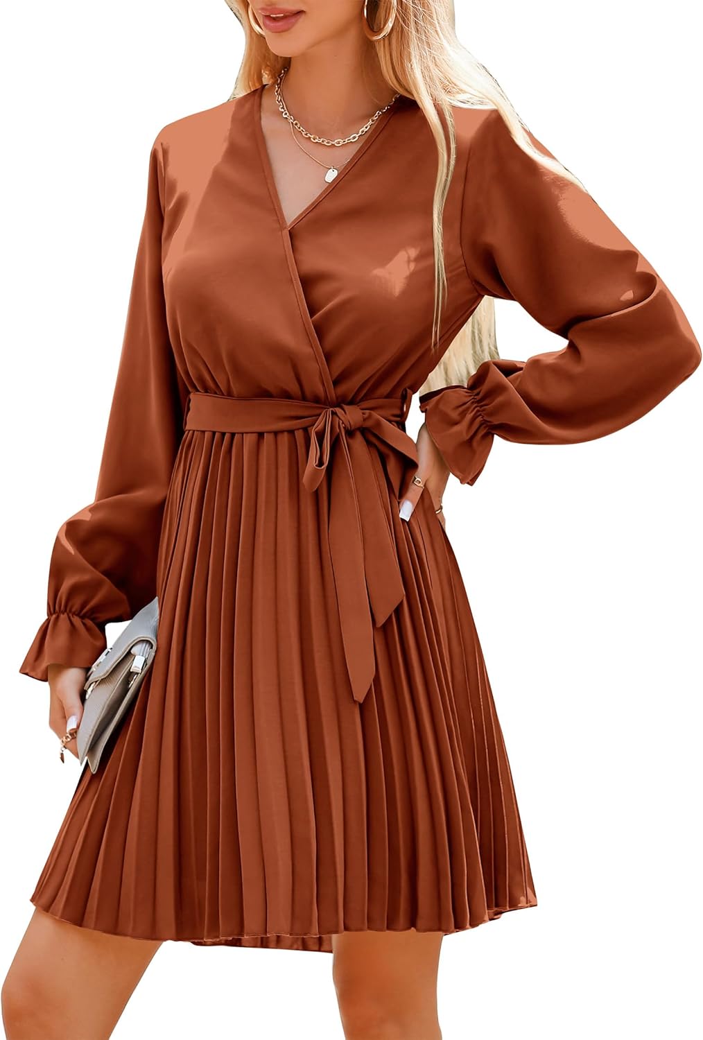 Women's 2023 Fall Long Sleeve Wrap V Neck Pleated Mini Cocktail Dress Casual A Line Flowy Wedding Guest Dresses