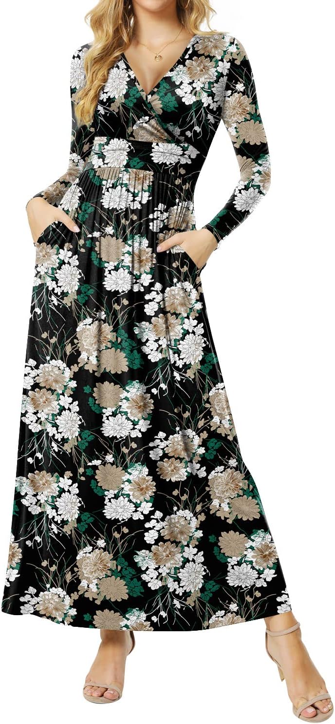 Women's Dresses Deep V-Neck Long Sleeve Empire Waist Long Dress Casual with Pockets