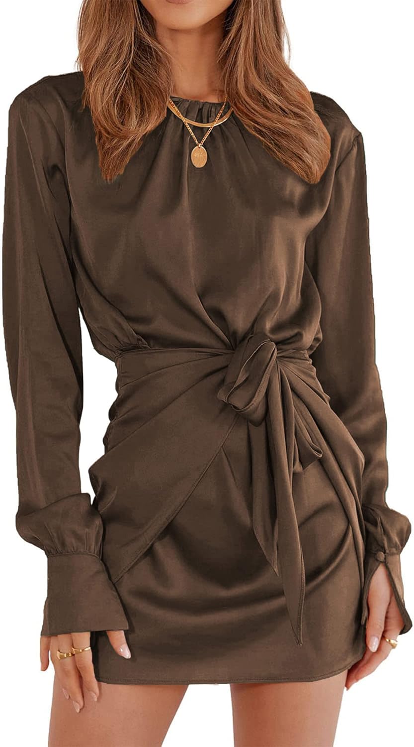 Women Casual Long Sleeve Ruched Wrap Dress Crew Neck Tie Waist Short Dresses Solid Party Dresses Satin Cocktail Dress