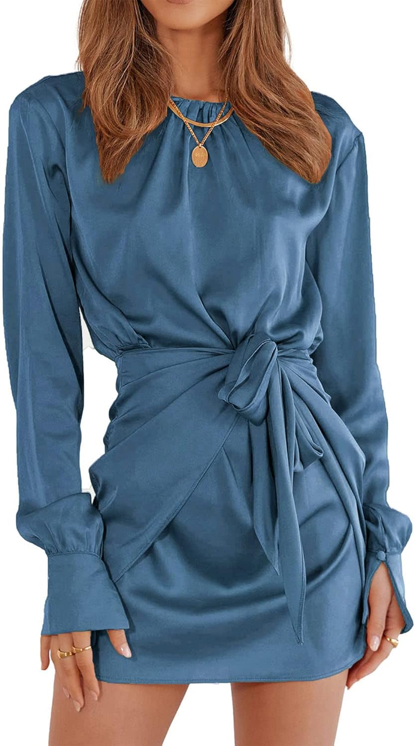 Women Casual Long Sleeve Ruched Wrap Dress Crew Neck Tie Waist Short Dresses Solid Party Dresses Satin Cocktail Dress