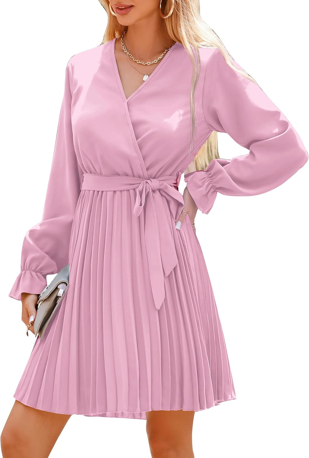 Women's 2023 Fall Long Sleeve Wrap V Neck Pleated Mini Cocktail Dress Casual A Line Flowy Wedding Guest Dresses