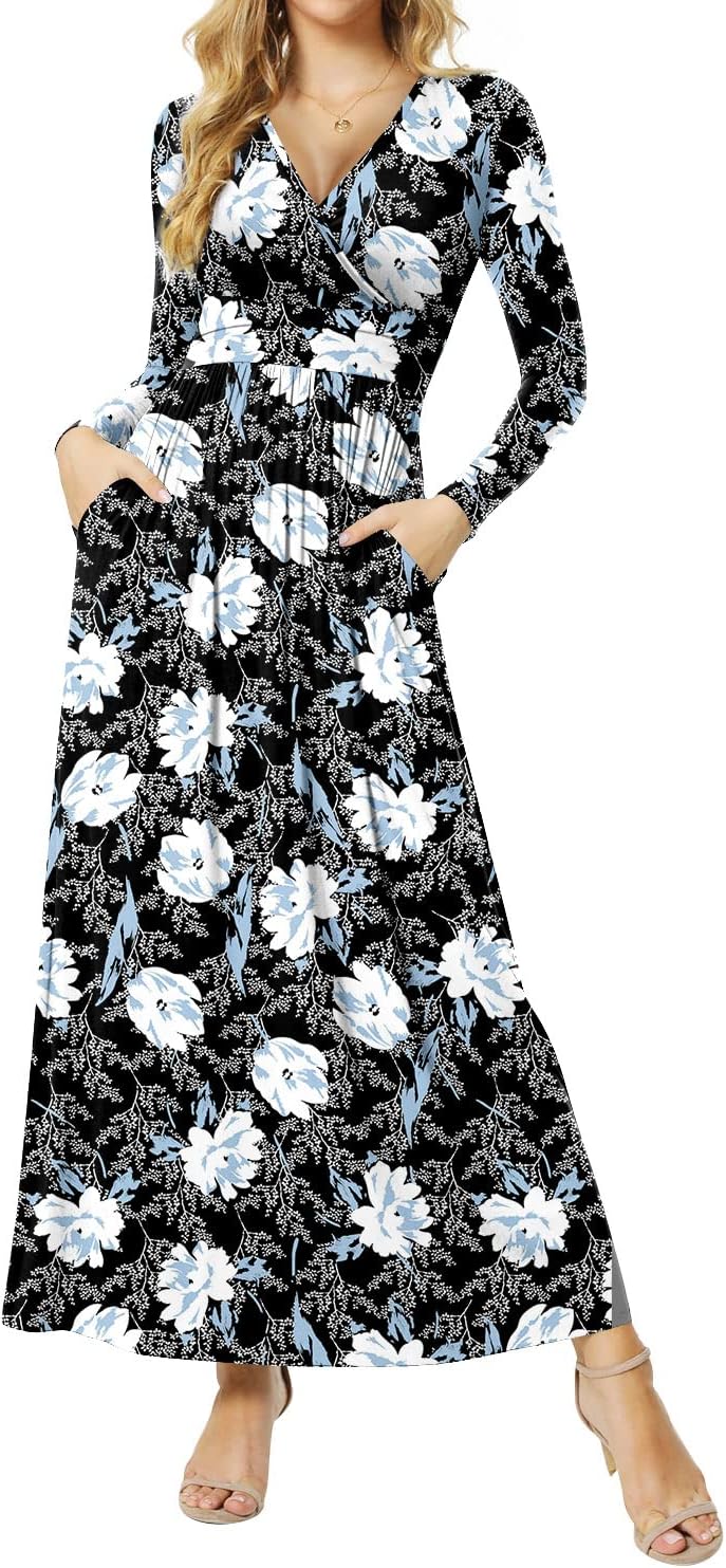 Women's Dresses Deep V-Neck Long Sleeve Empire Waist Long Dress Casual with Pockets