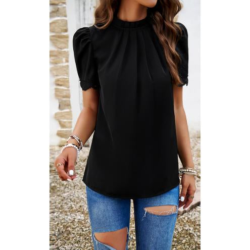 Women's Mock Neck Puff Short Sleeve Blouse, Elegant Lace Trim Pleated Front Loose Fit Summer Chiffon Tunic Top for Office Casual