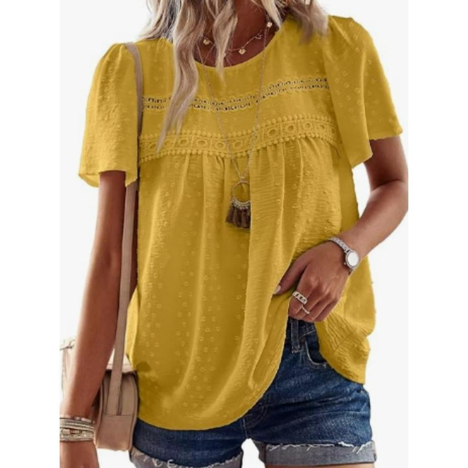 Women Swiss Dot Lace Tunic Top, Round Neck Puff Short Sleeve Loose Flowy Boho Blouse Casual Summer Shirt