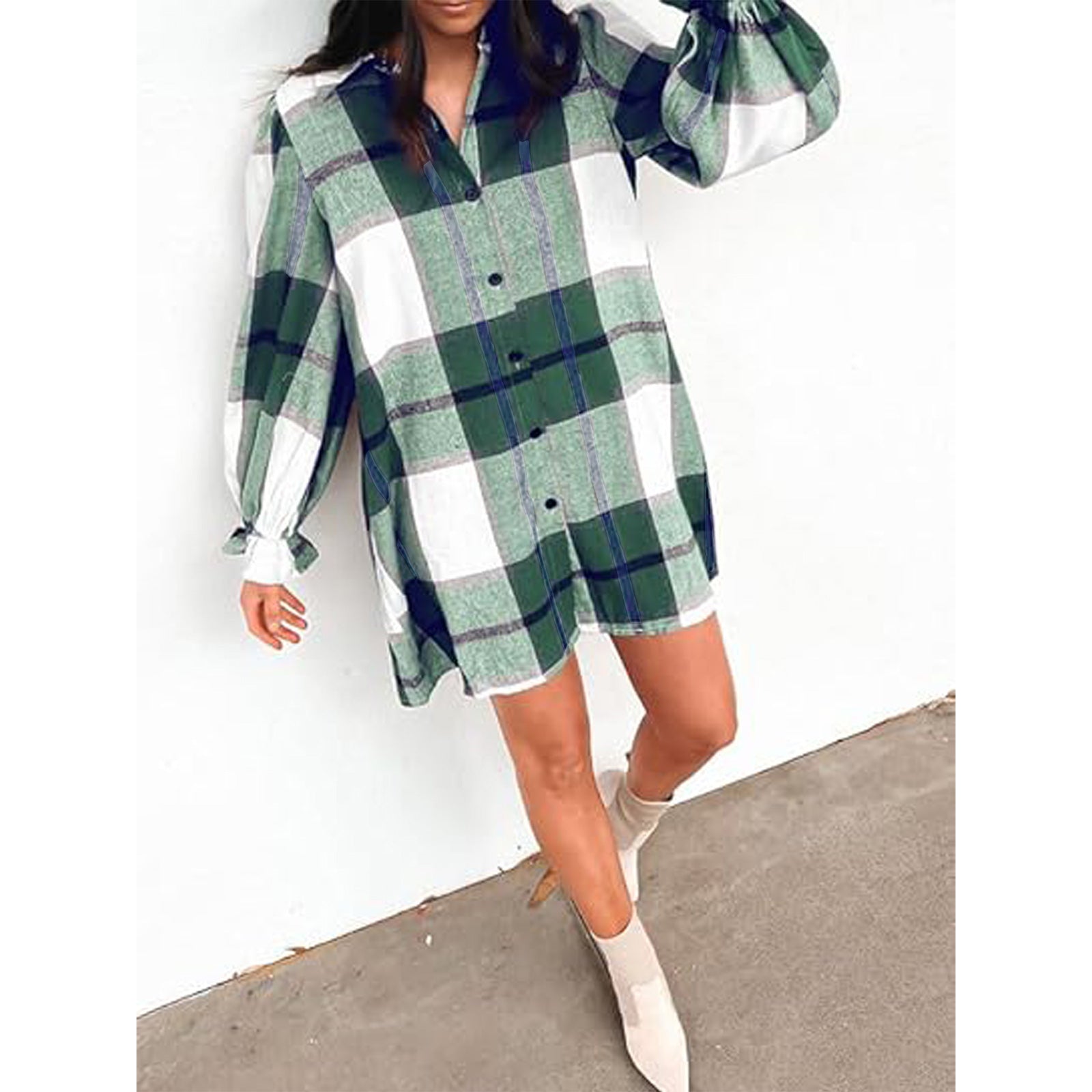 Women's Long Sleeve Flannel Plaid Button Down Shirts Lapels Casual Blouse