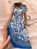 Women's Polyester Boho Floral Graphic Casual Dress - Short Sleeve, V-Neck, Adjustable Waist, Ruffle Hem - Summer Vacation Wear, Floral Graphic Casual Dresses