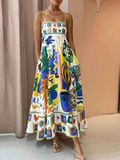 Elegant Printed High Waist Suspender Dress Long Dress