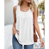 Women Square Neck Pleated Tank Top Loose Curved Hem Sleeveless Shirts Casual Summer Flowy Camisole Tops