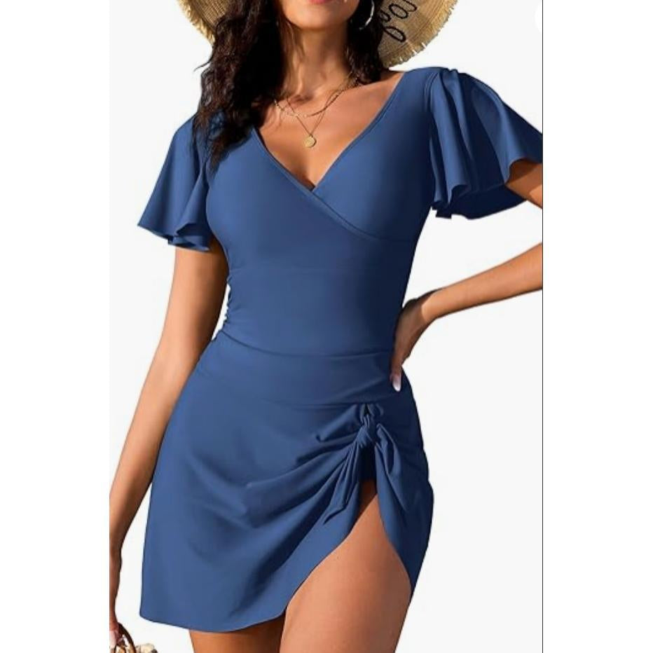 Women's V-Neck Flounce Short-Sleeve Tummy-Control Ruched-Waist Modest 1-Piece Swim Dress, Swimsuit for Women, Ideal for Beach & Pool