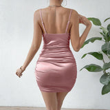 Women's Thin Comfortable Satin Cowl Neck Cami Mini Dress - Backless, Adjustable Spaghetti Straps, Ruched Bodycon for Prom, Cocktail, Evening Party