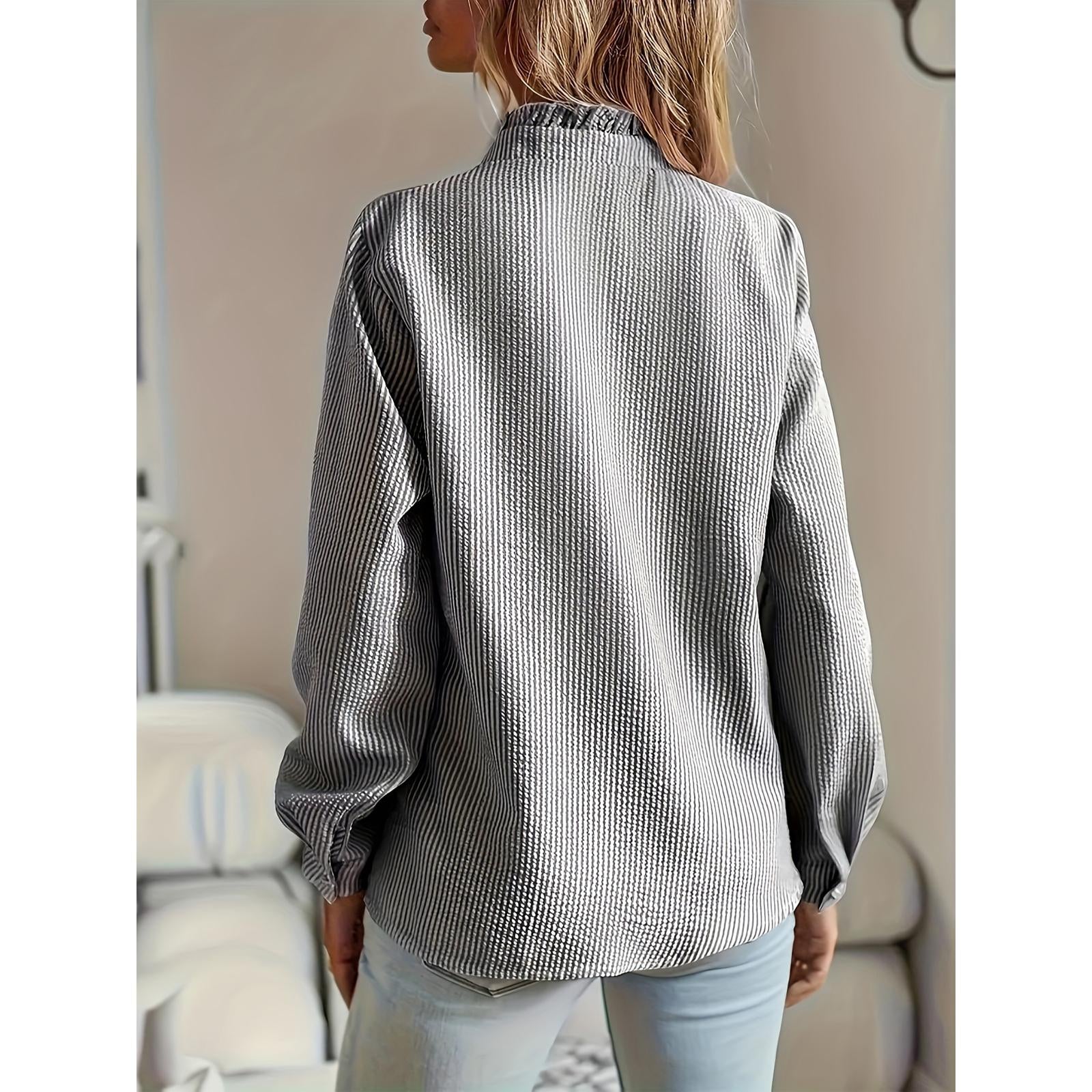 Women's Striped Stand-Collar Blouse - Ruffled Trim, Long Sleeves, Button-Front Top, Elegant Style Piece for Everyday Casual Commuting, Pair with Jeans