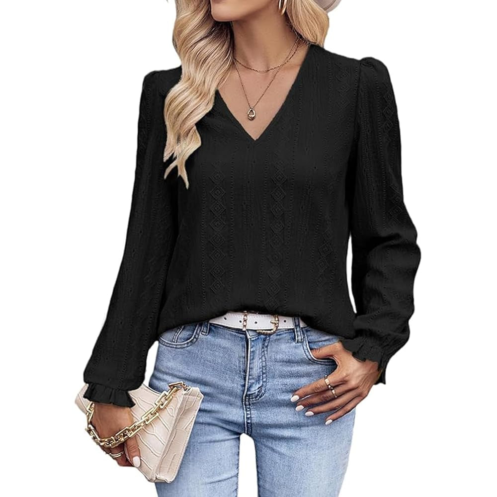 Women's V-Neck Puff Long Sleeve Denim Blouse - Basic Bohemian Style, Elastic Eyelet Embroidery, Solid Comfortable Fabric, Day-to-Everyday Feminine Casual Loose Top