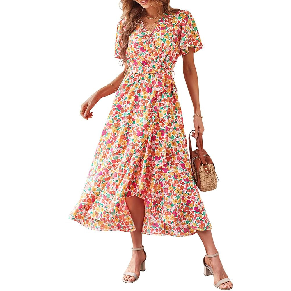Women's Fitted V-Neck Floral Wrap Casual Midi Dress - Flutter Short Sleeves, Tie Waist, Irregular Ruffle Hem, Gorgeous Bohemian Fabric for Summer Beach Wear