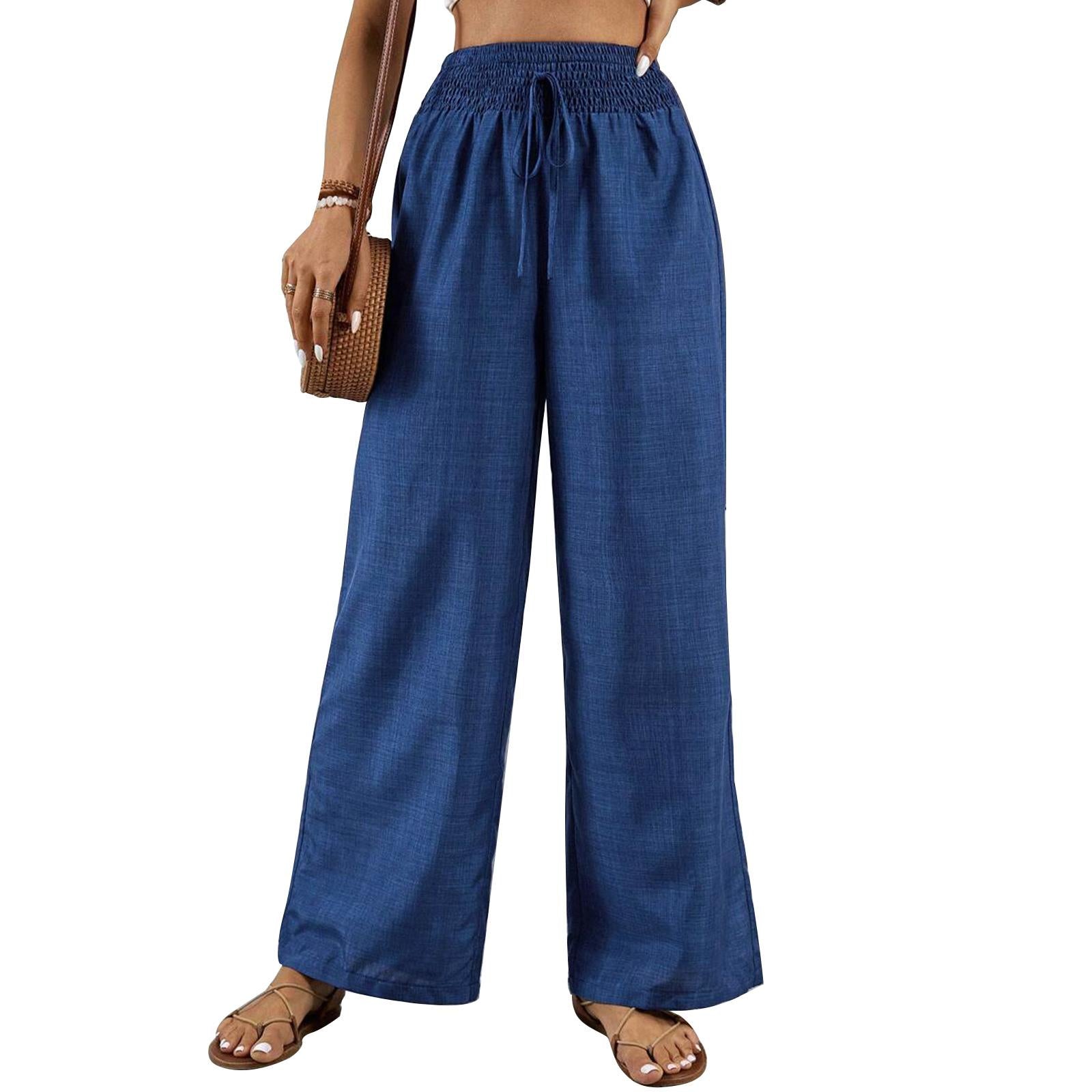 Women's Elastic High Waist Breathe-Fabric Wide Leg Pants - Adjustable Drawstring, Flowing Cut Casual Outfits Women Summer Beach Trousers
