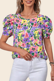 Purple Floral Print Puff Short Sleeve Crew Neck Blouse