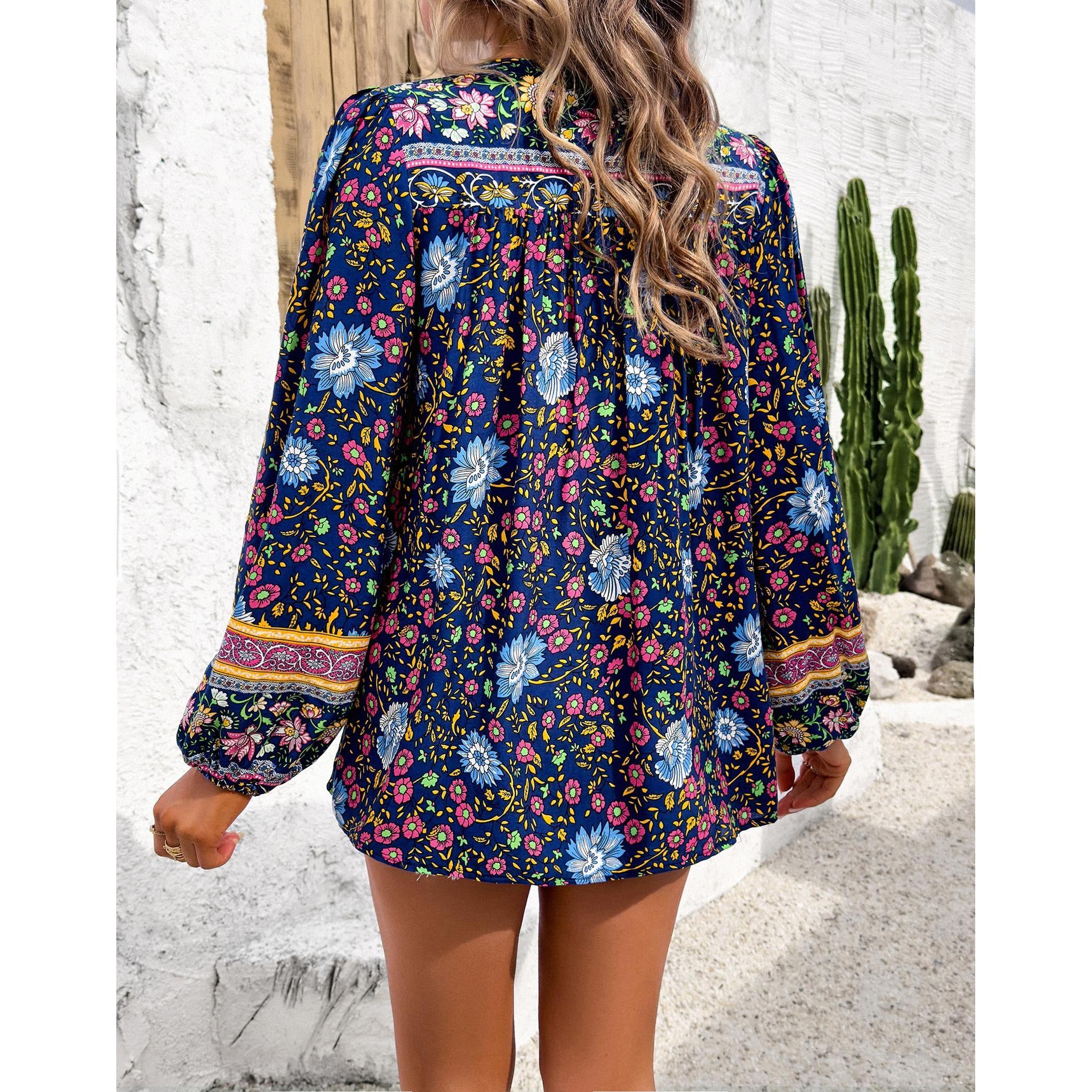 Women's Chic Bohemian Floral Print Blouse - Elegant V-Neck Drawstring Tassel Tie, Long Lantern Sleeves, Loose Comfortable Ethnic Shirts for Summer Beach Vacation Style