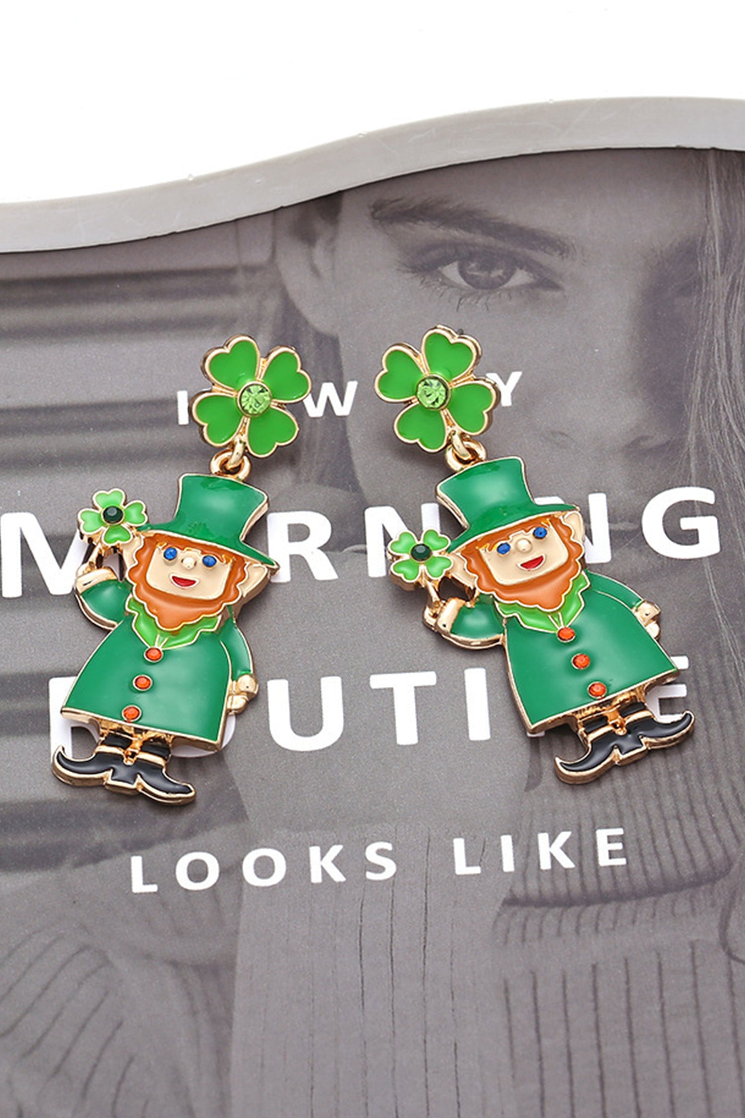 Dark Green St Patricks Day Enameled Leprechaun Drop Earrings