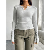 Women's Slim Fit Henley Long Sleeve Crop Top - Soft Stretchy Knit Basic Tee with Thumb Hole Cuffs, Button V-Neck - Casual Y2K Streetwear Daily Top
