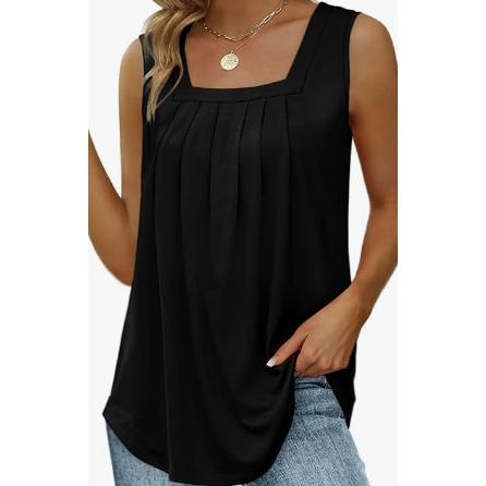 Women Square Neck Pleated Tank Top Loose Curved Hem Sleeveless Shirts Casual Summer Flowy Camisole Tops