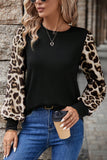 Khaki Leopard Puff Sleeve Patchwork Top