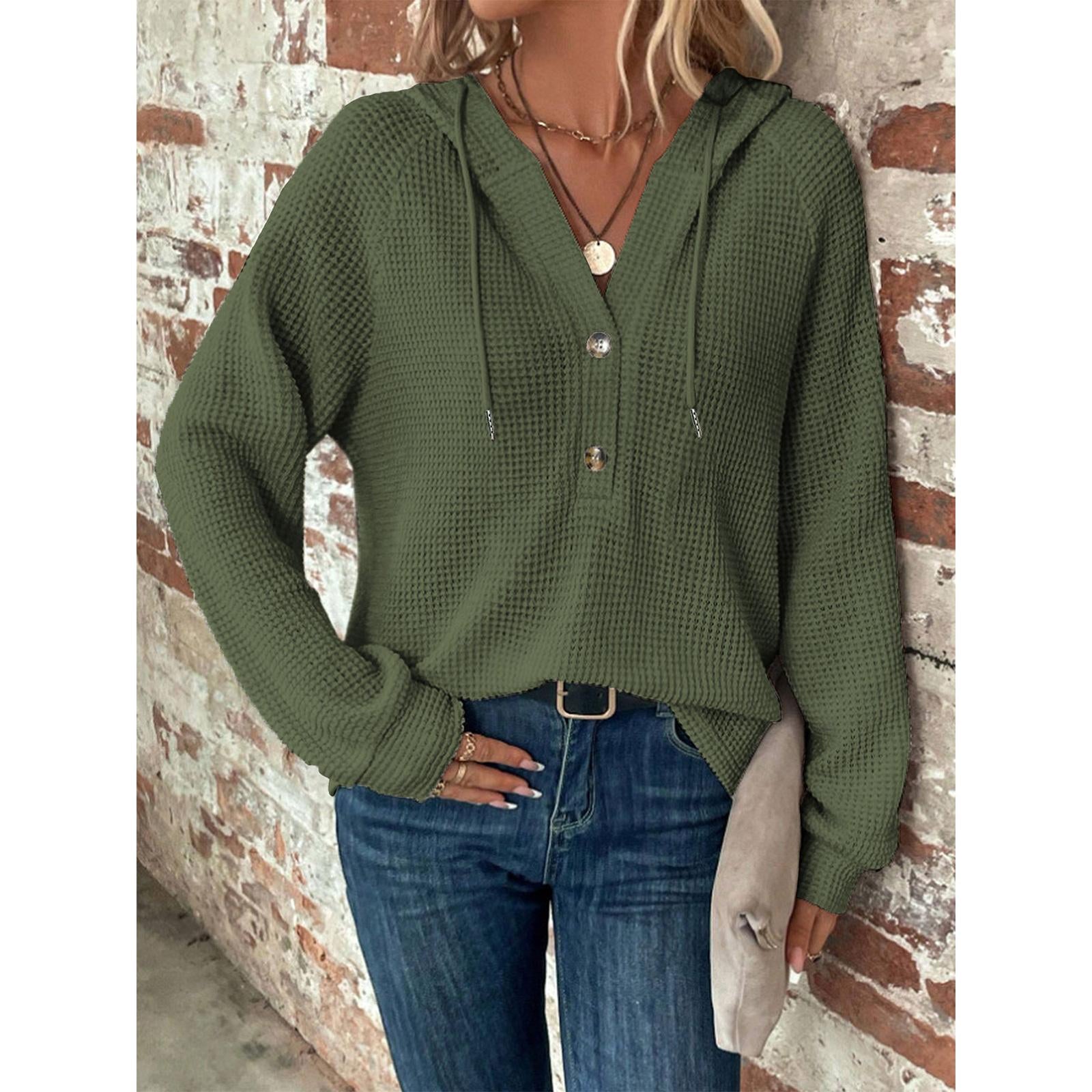 Women's Waffle Knit Henley Hoodie Long Sleeve Drawstring Button V Neck Casual Loose Fit Basic Tops