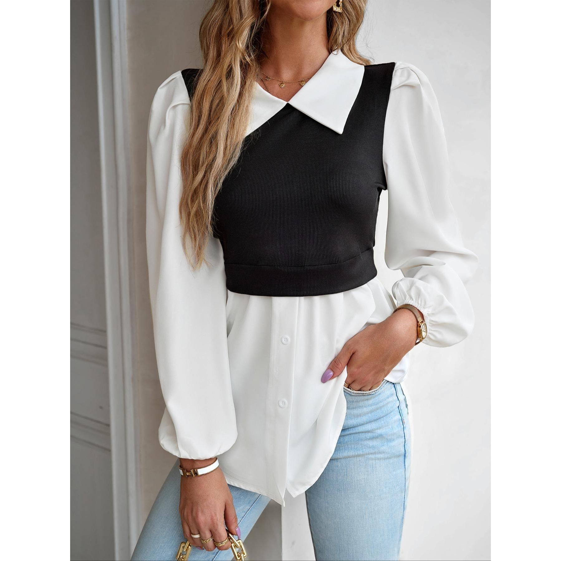 Lady's Ribbed Basic Chic Fabric Fake 2-Piece Peplum Blouse - Collared Puff Long Sleeve Print Patchwork Tunic Top, Elegant Casual Fall Womenswear