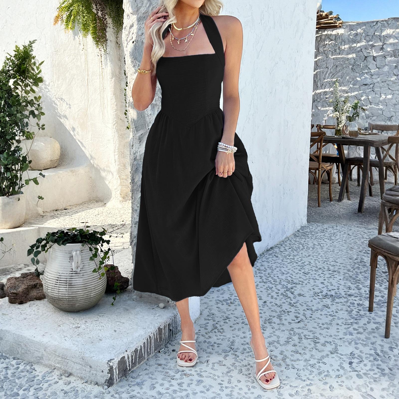 Women's Gorgeous Lightweight Halter Sundress - Square Neck, Strappy Backless, Fitted Flowy A-Line, Basic Casual Beach Summer Vacation Dress
