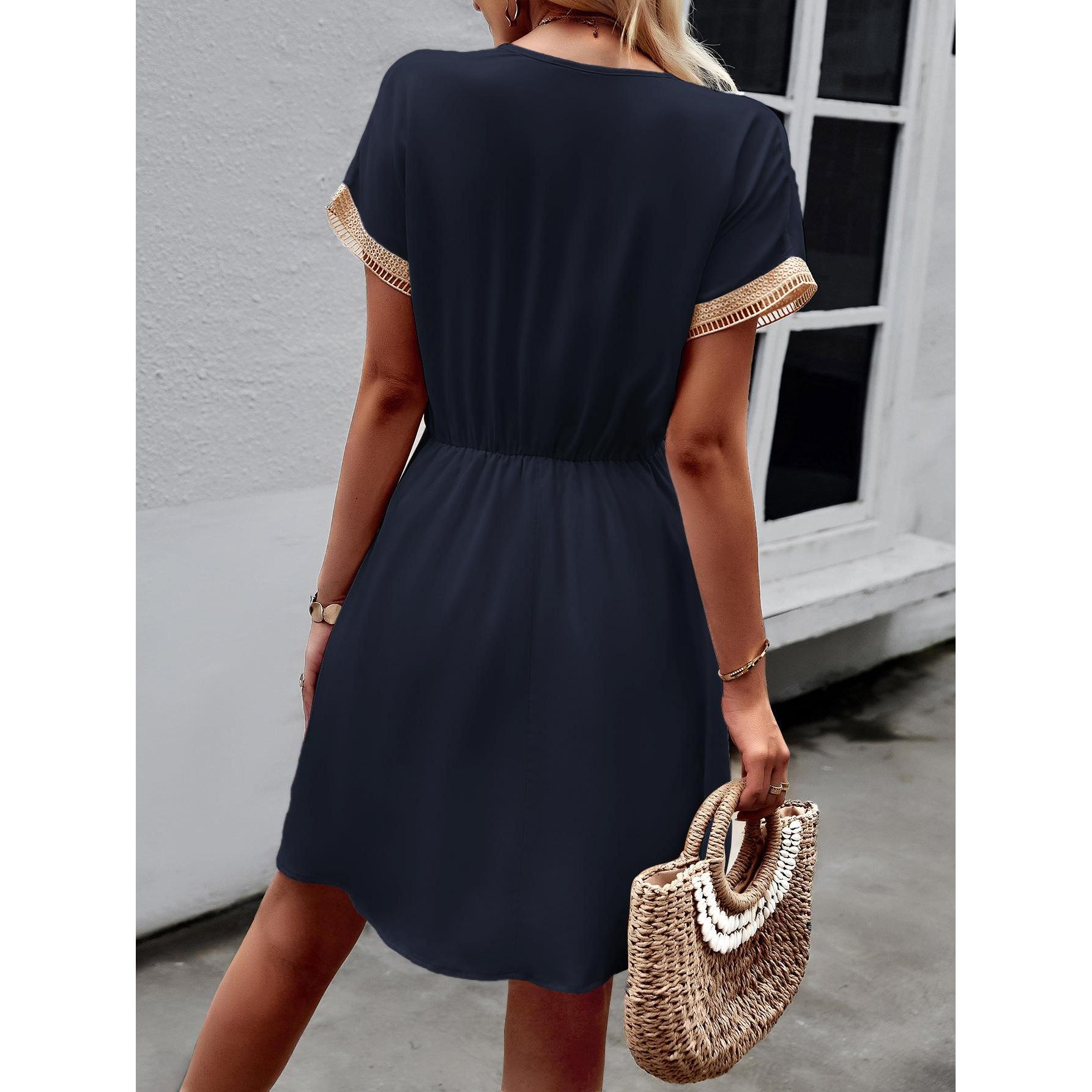 Women's Bohemian Casual Dress - Short Sleeve, Hollow Lace Trim, Tassel Drawstring Waist, Flowy, Elastic, Lightweight, Breathable, Casual Wear, Boho Style Outfit for Beach