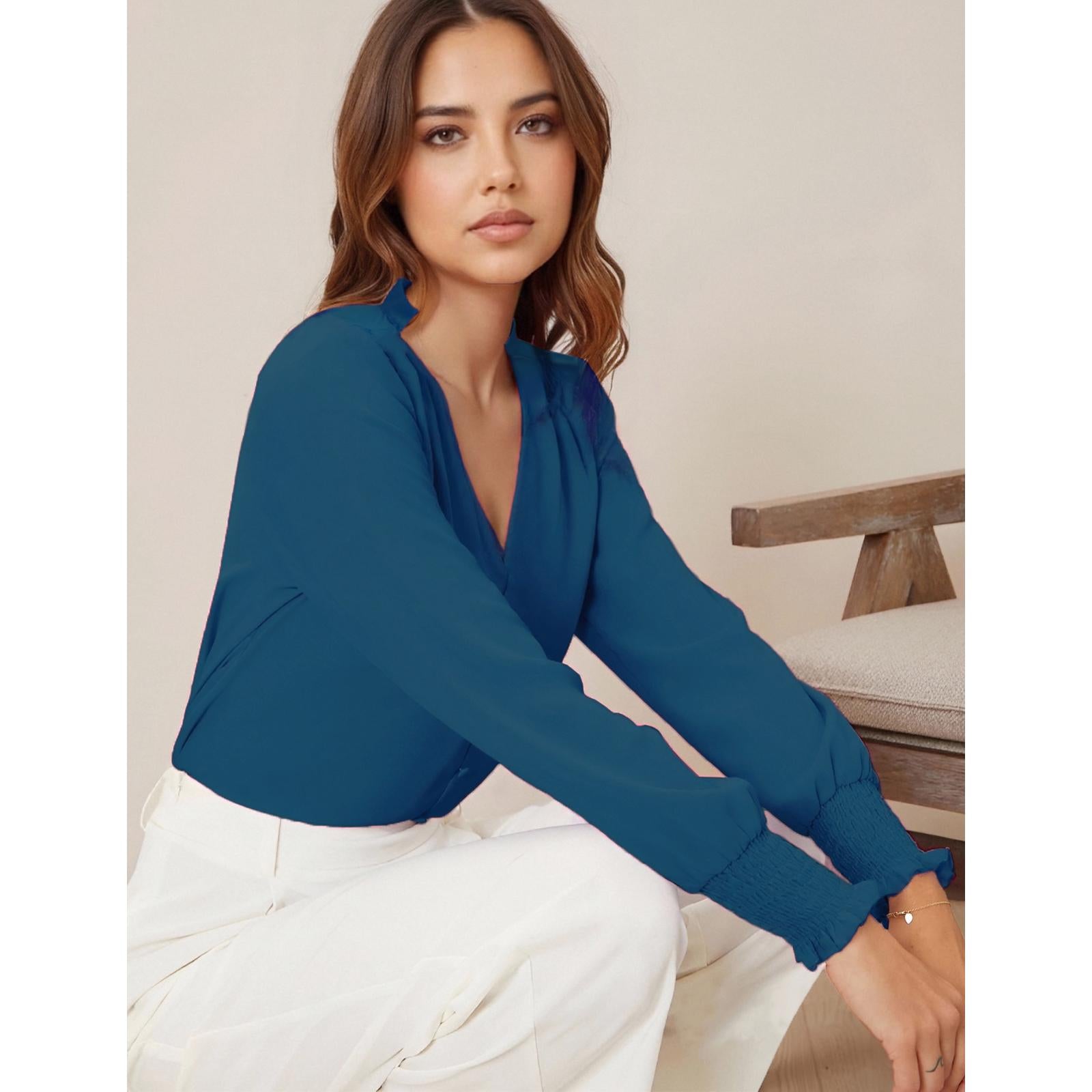 Women's V-Neck Ruffle Collar Long Sleeve Blouse, Smocked Cuff Button Down Puff Sleeve Elegant Work Chiffon Top