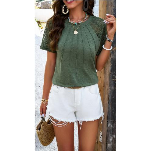 Women Hollow Out Lace Raglan Short Sleeve Top, Crew Neck Pleated Front Soft Casual Summer Tee, Loose Fit Boho Blouse for Daily Outings