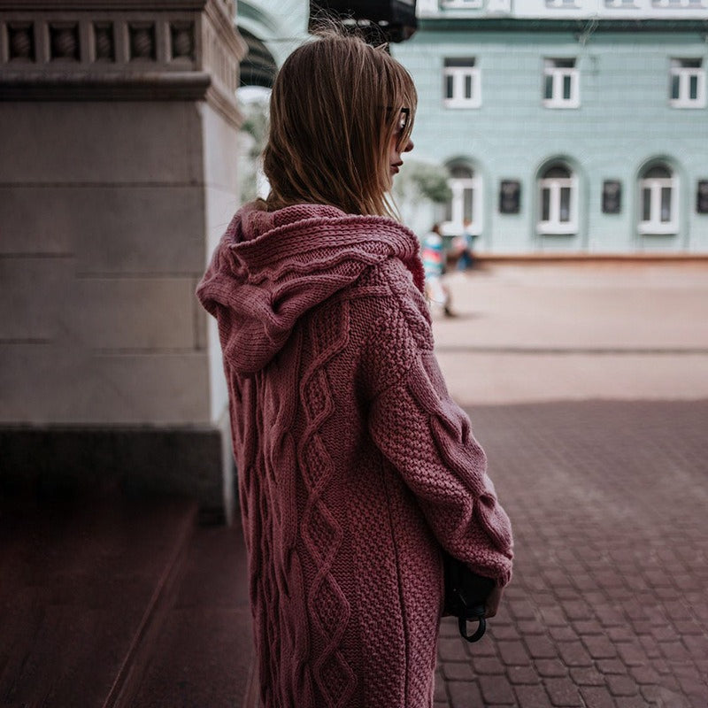 Women Solid Hooded Long Cardigan Sweater Twist Knitted Sweater