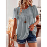 Women's Swiss Dot Lace Trim Short Sleeve Blouse - Casual Round Neck Flowy Loose Tunic Top for Summer, Blouses for Women