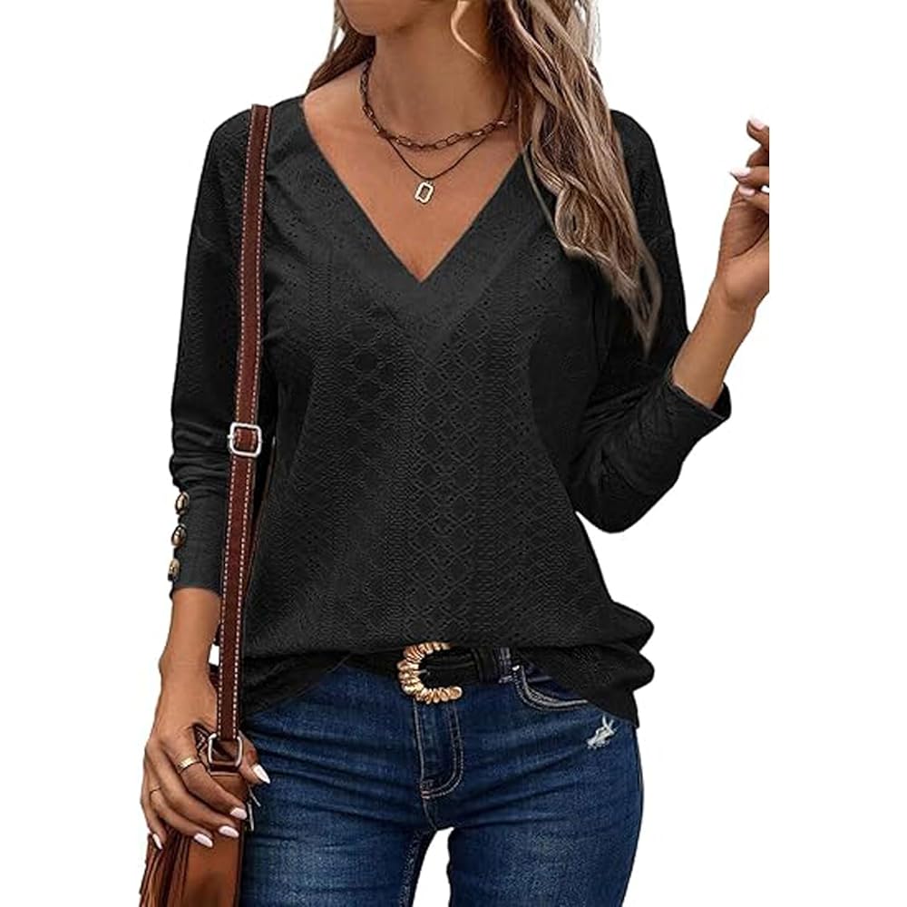 Women's V Neck Long Sleeve Eyelet Hollow Out Top, Decorative Button Cuff Loose Casual Solid Color Blouse