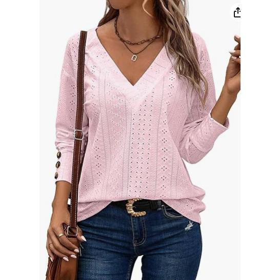 Women's V Neck Long Sleeve Eyelet Hollow Out Top, Decorative Button Cuff Loose Casual Solid Color Blouse