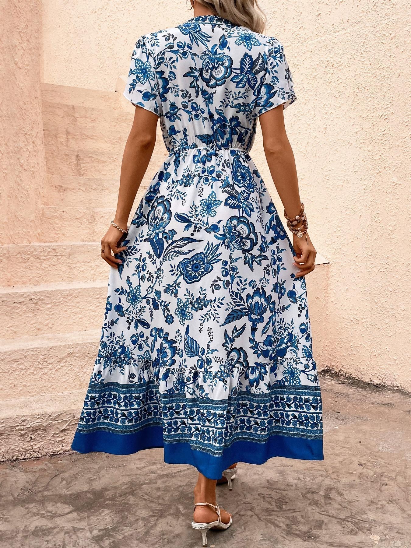 Women's Polyester Boho Floral Graphic Casual Dress - Short Sleeve, V-Neck, Adjustable Waist, Ruffle Hem - Summer Vacation Wear, Floral Graphic Casual Dresses