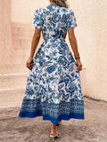 Women's Polyester Boho Floral Graphic Casual Dress - Short Sleeve, V-Neck, Adjustable Waist, Ruffle Hem - Summer Vacation Wear, Floral Graphic Casual Dresses