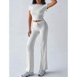 Women's 2-Piece Casual Tracksuit, Short Sleeve Crop Top & High Waist Flare Pants, 2 Piece Sets Women