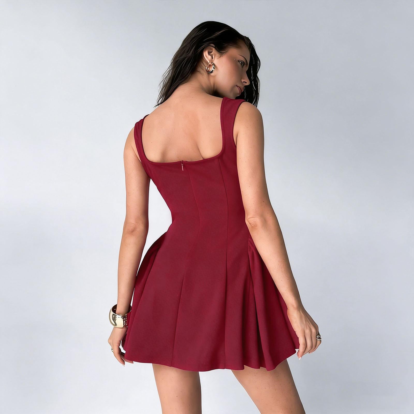 Women's Square Neck Sleeveless Pleated Slim Waist A-Line Mini Dress - Zipper Closure, High-Quality Fabric Lady Statement Dress for Women, Ideal for Cocktail Parties, Birthday Dinners, Night Out Events
