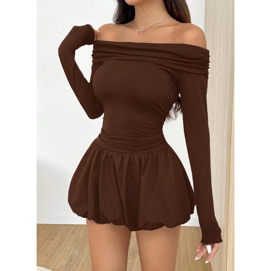 Women's Soft Elastic Off-the-Shoulder Long-Sleeve Mini Dress - Ruched Waist, Bubble Hem, Thumb Hole, Casual Sexy Party Club Wear